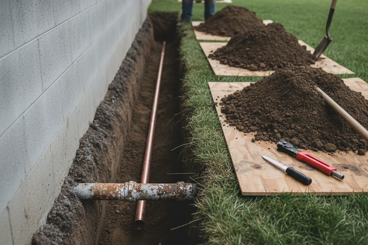 Excavated water line trench during Water Softener Installation in Sugar Land